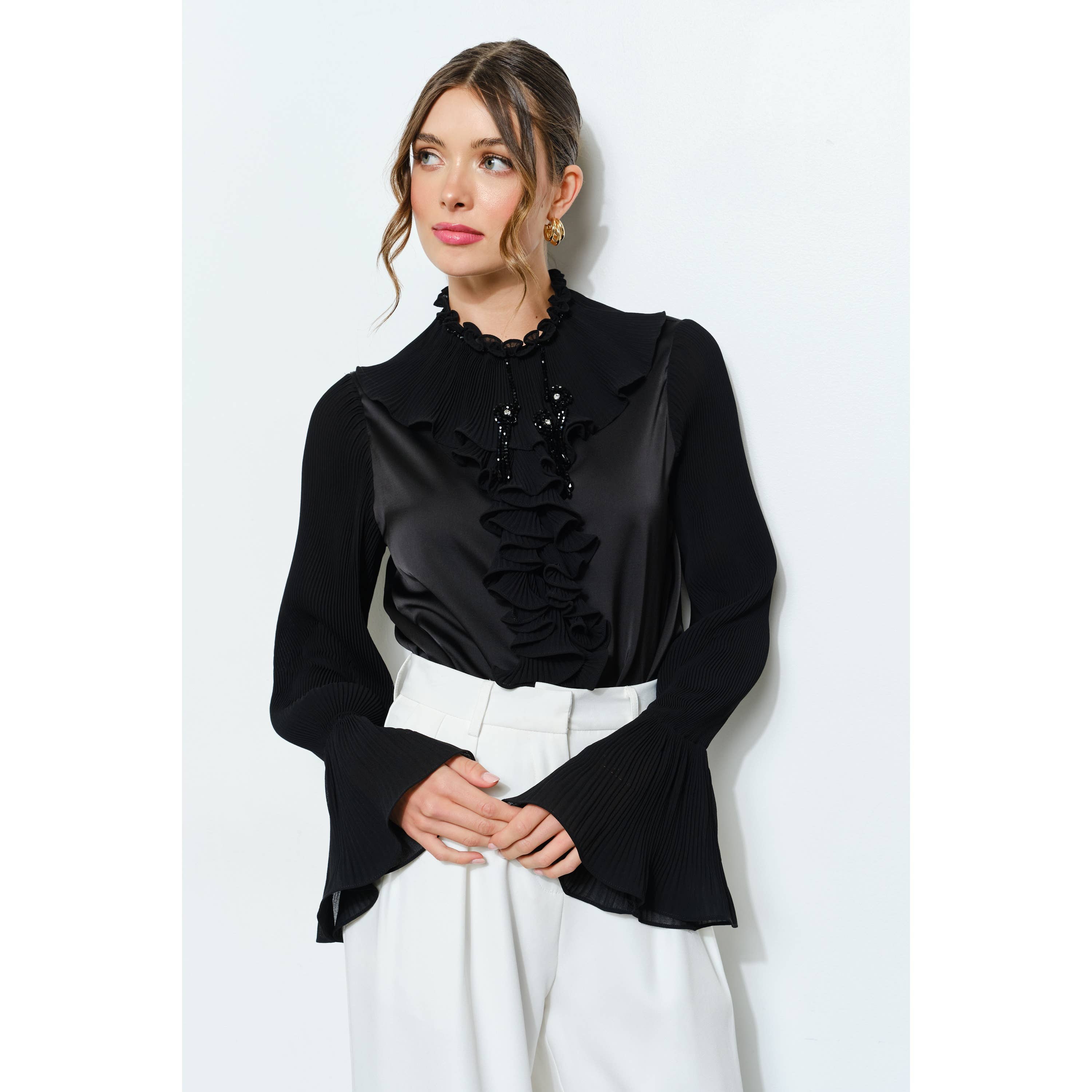 INA - Wholesale Blouse - Women's - Romantic Princess Pleated Satin Ruffled Blouse Top3