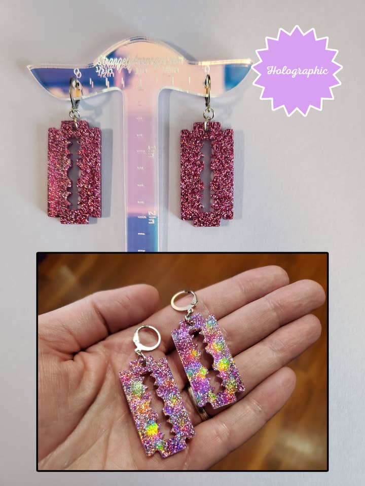 Earrings | Razorblade Holographic Dangle Earrings for wholesale by StrangelyArranged