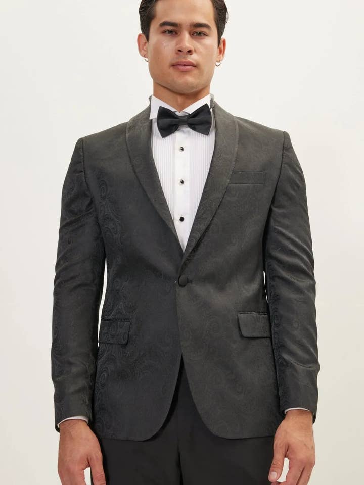 Men's Paisley Shawl Lapel Tuxedo Jacket - Black for wholesale by Ron Tomson
