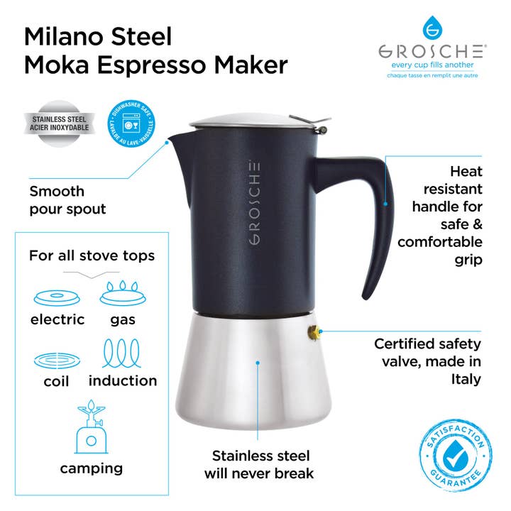 GROSCHE International – wholesale Espresso maker – GROSCHE MILANO Steel Stovetop Espresso Maker - Black