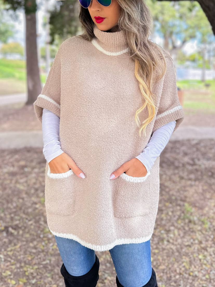  Beige Soft Knit Short Sleeve Cozy Poncho Sweater withPocket for wholesale on Faire0