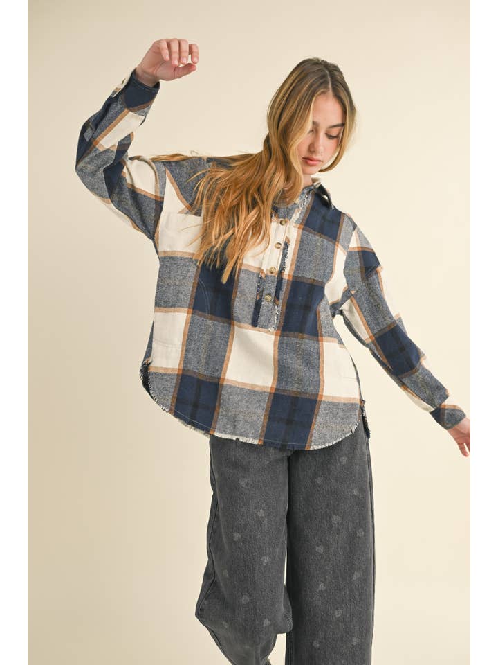 MIOU MUSE - Wholesale Button Down Shirt - Women's - T3847 PLAID PATTERN PULLOVER TOP WITH POCKET