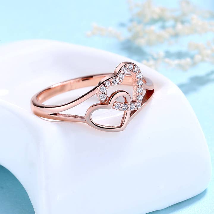 Amy and Annette - Wholesale Multi-Stone Ring - Sterling Silver Double Heart Ring with crystals from Swarovski