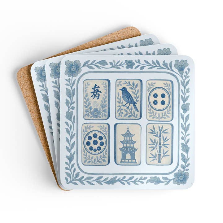 Dessous de verre en liège Chinoiserie bleue Mahjong | Ensemble de 4 pour la vente par Design Carolinas