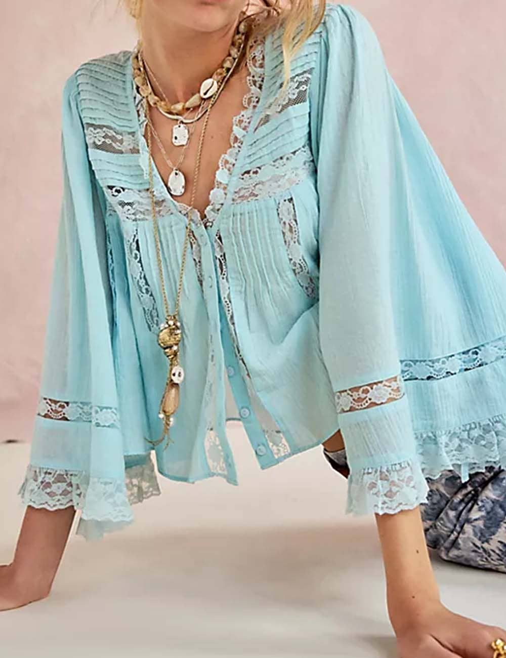 Sweetkama - Wholesale Blouse – Women’s - Ladies Solid Color Eyelets Ruffle Lace Blouse1