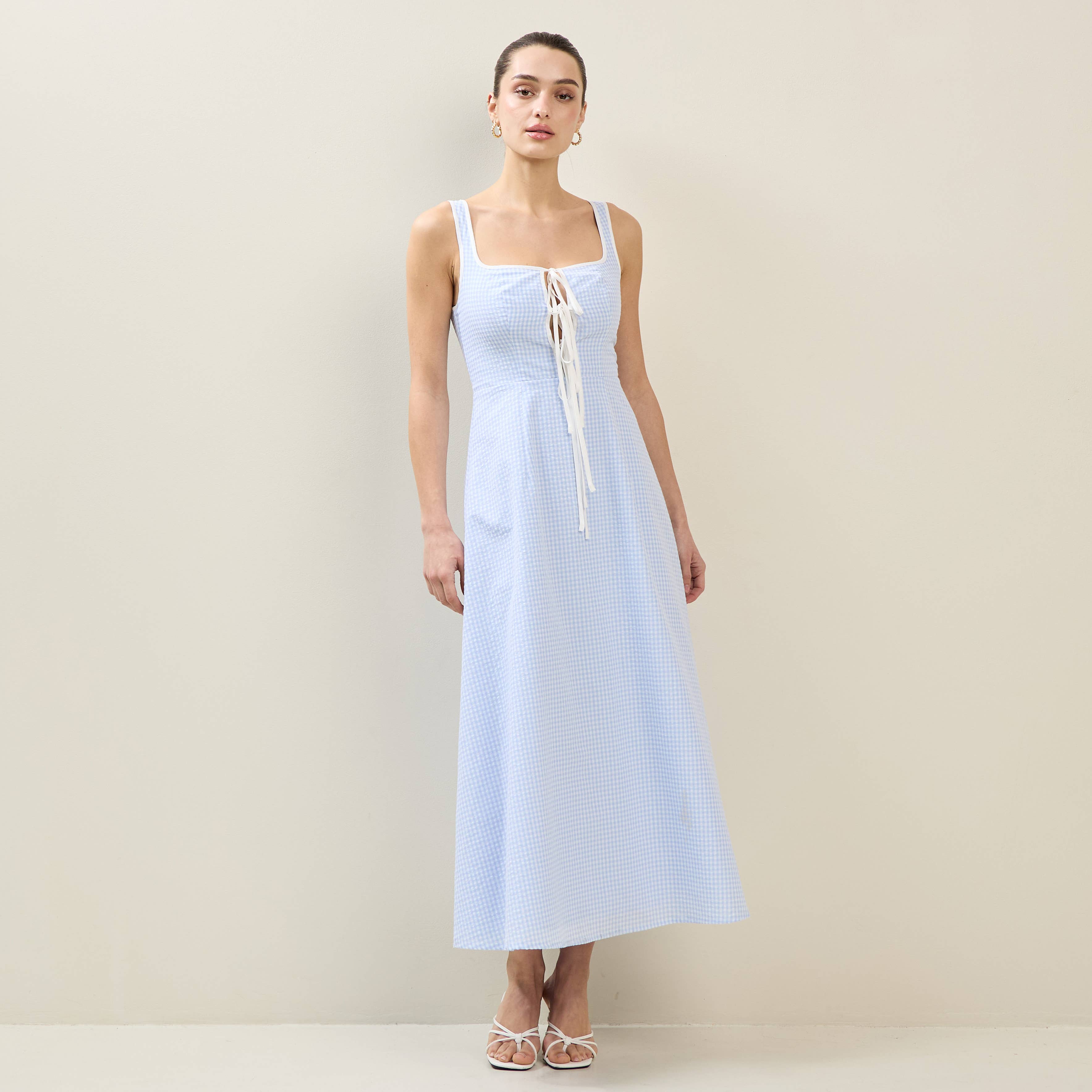 Sky White Tie Front Gingham Dress for wholesale on Faire2