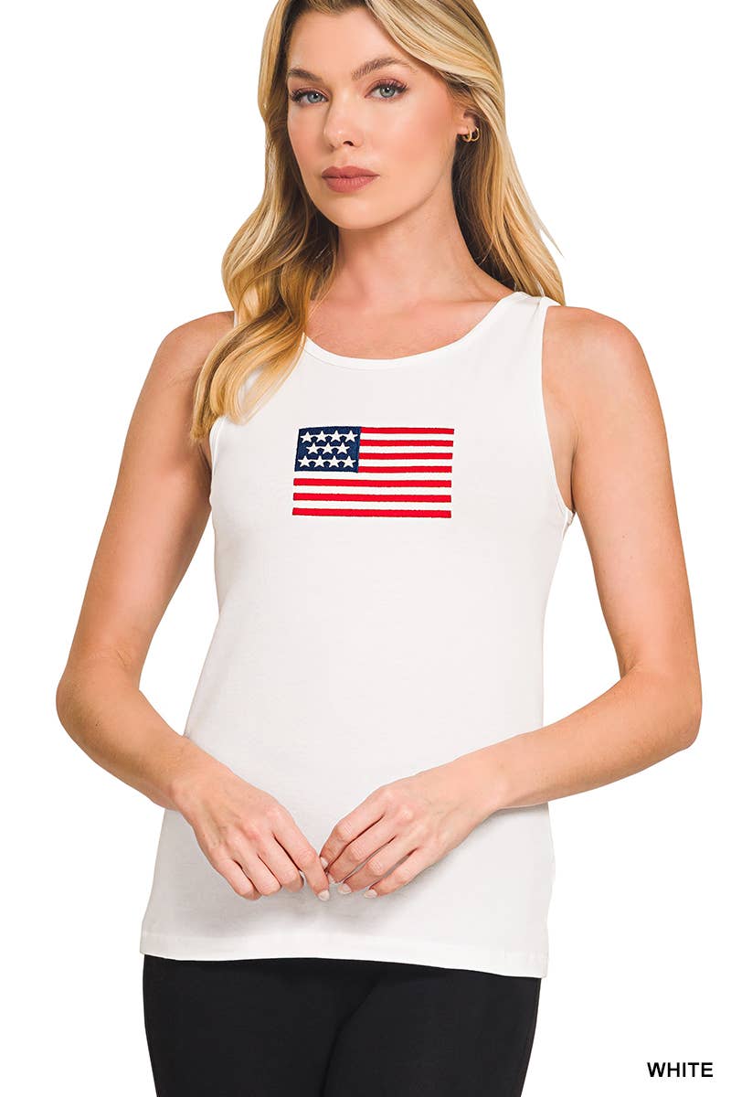 42POPS - Wholesale Tank Top - Women's - 0224 Double Scoop American Flag Embroidered Tank Top SI-291335