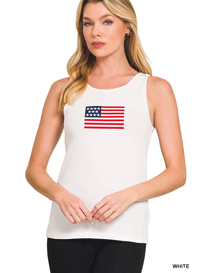 42POPS - Wholesale Tank Top - Women's - 0224 Double Scoop American Flag Embroidered Tank Top SI-291335