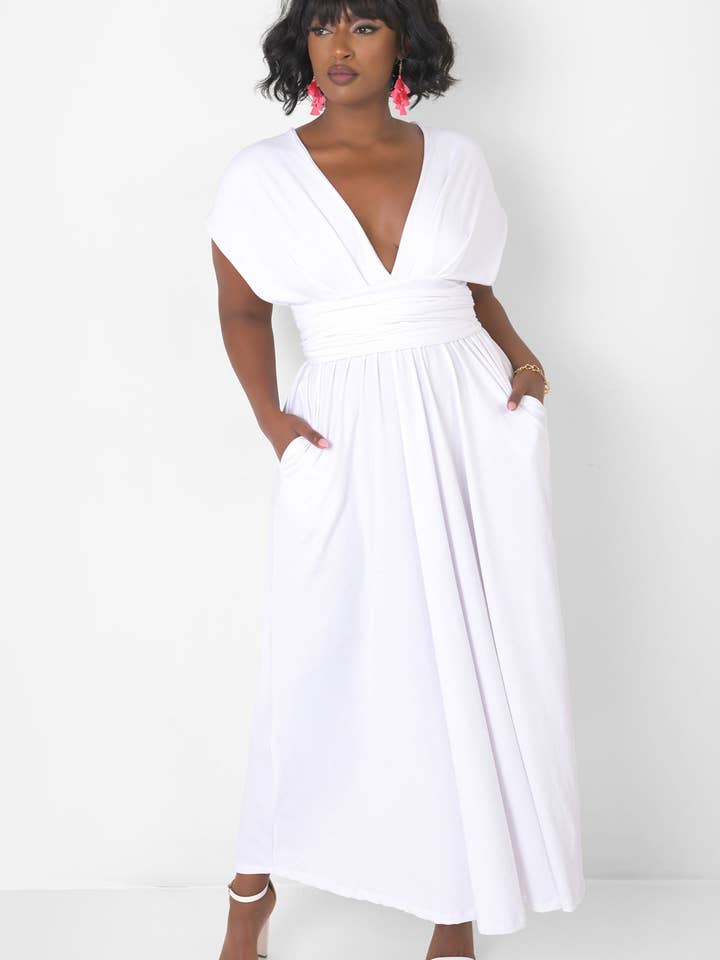 White Dreamy Sleeveless V Neck Multiway Skater Maxi Dress W. Pockets for wholesale on Faire1