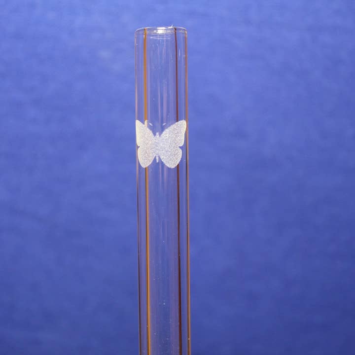 Etched Butterfly Glass Straw with cleaning brush for wholesale by DrinkingStraws.Glass LLC