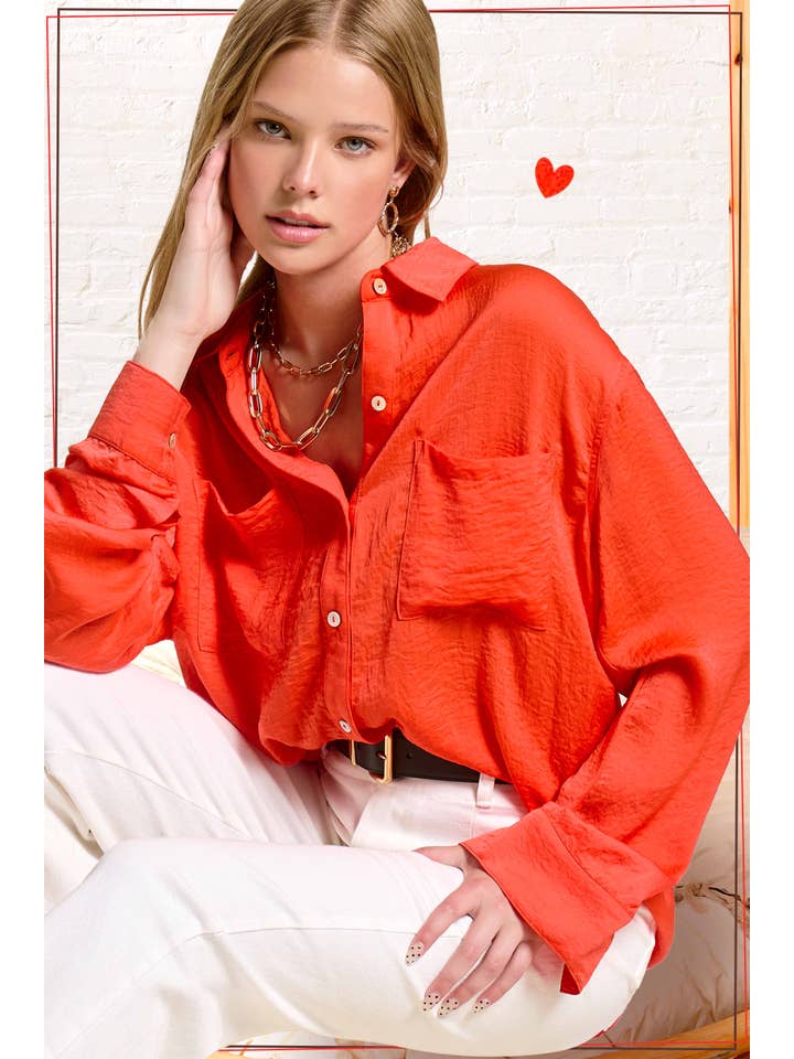 La Miel - Wholesale Button Down Shirt - Women's - SRT7452-Silky and Flowy Button Down Long Sleeve Shirts