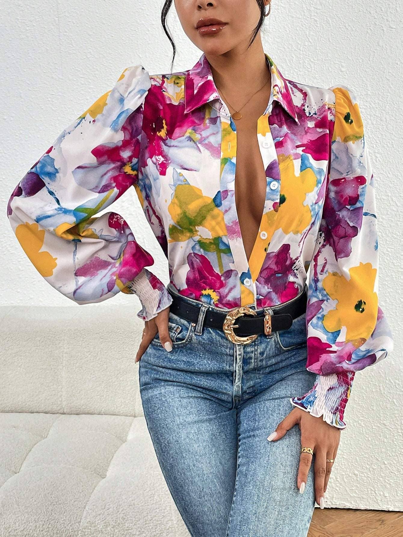 Fashion Combination - Wholesale Button Down Shirt - Women's - priv floral print lantern sleeve shirt5