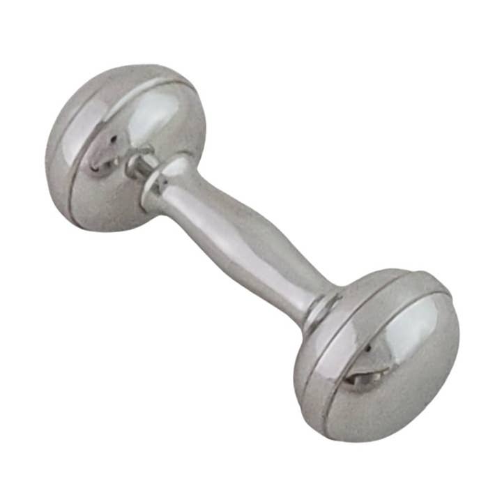 Hochwertige Hantel-Babyrassel aus poliertem Zinn, in Schachtel. Artikelnummer: C1065. für den Großhandel von Corbell Silver