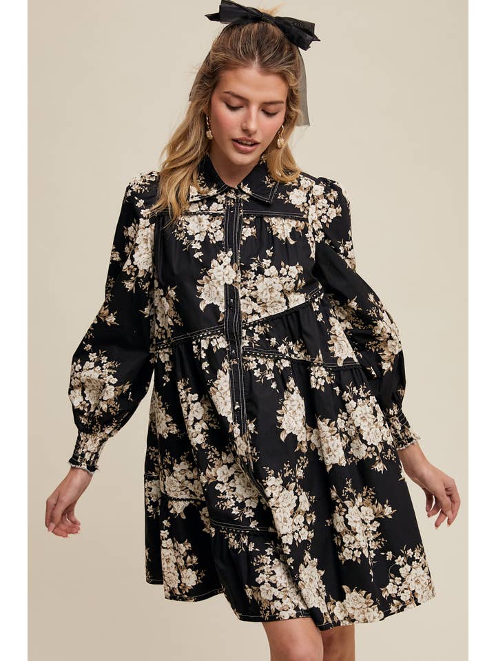 Listicle - Wholesale Dress - Women's - Floral Tiered Shirt Dress LD14703