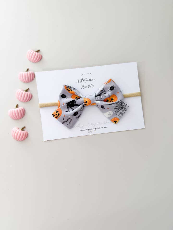 Gray Ghosts & Pumpkins Halloween Pinwheel Hair Bow for wholesale by Little Sunshines Bow & Co