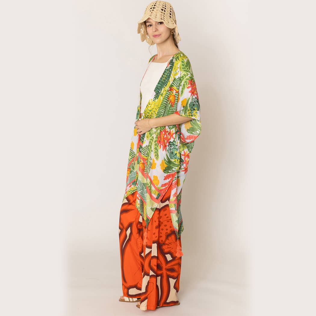 Fashion City - Vendita all'ingrosso Kimono - Donna - Copricostume kimono con nappine con stampa floreale tropicale3