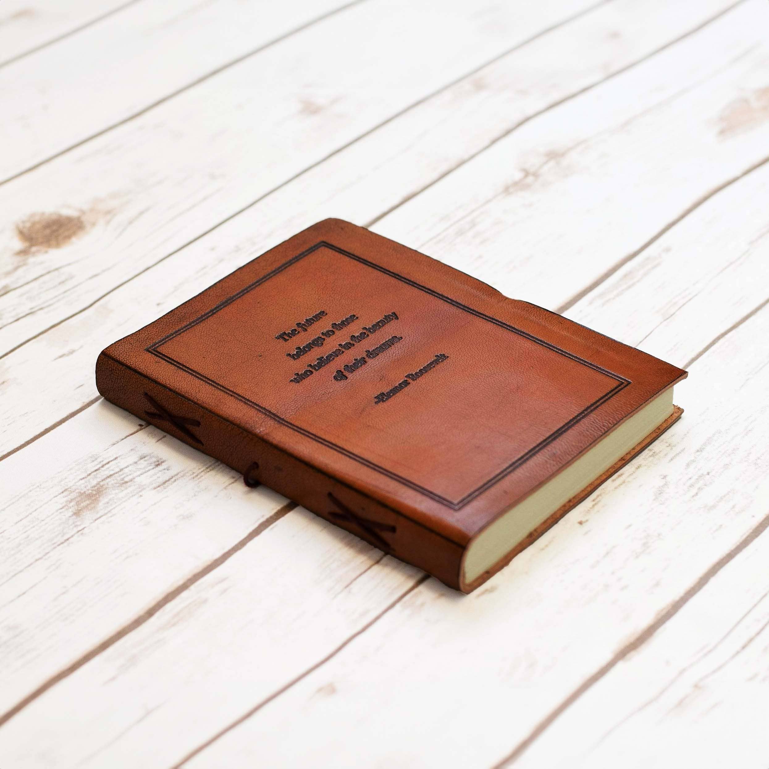 Soothi | Containers Of Creativity - Wholesale Journal/Diary - The Future Belongs, Eleanor Roosevelt Leather Journal - 8x62