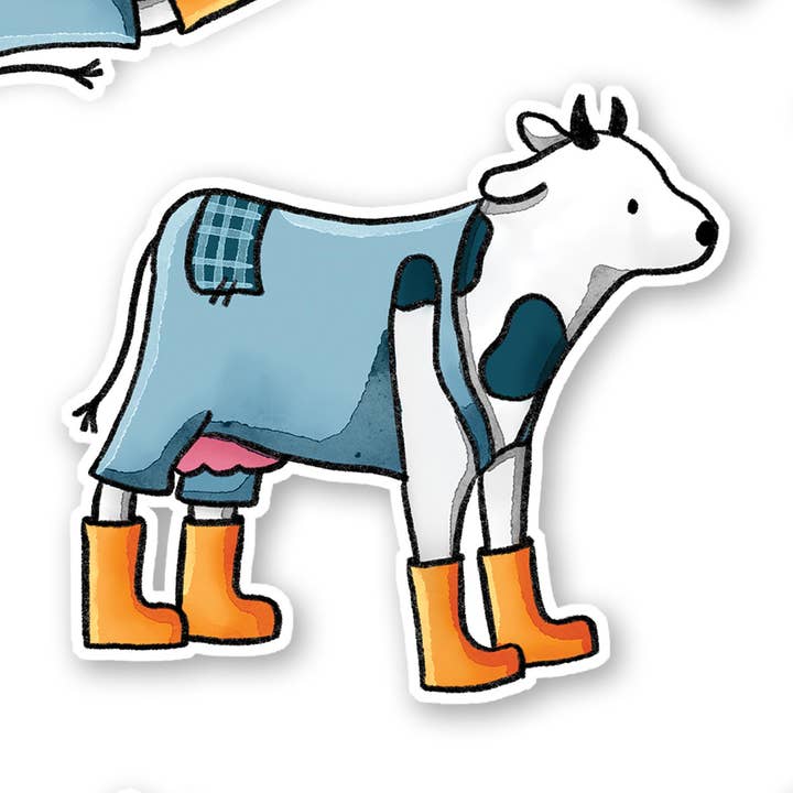 Cow in Overalls Sticker: Durable Glossy Die-Cut for wholesale by Strokes of Sunshine Stationery