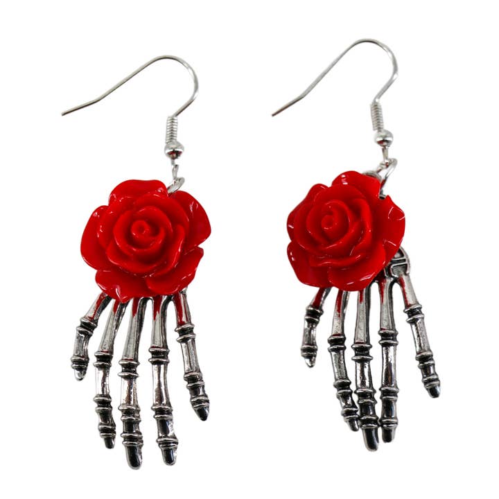 Western Fashion - Wholesale Dangle Earrings - Skeleton hand earrings with black rose
