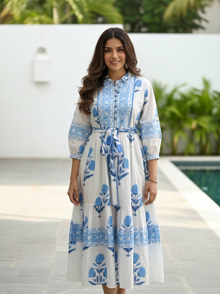 White & Blue Mughal Printed Tier Block PrintCotton Dress for wholesale by AMRANIS