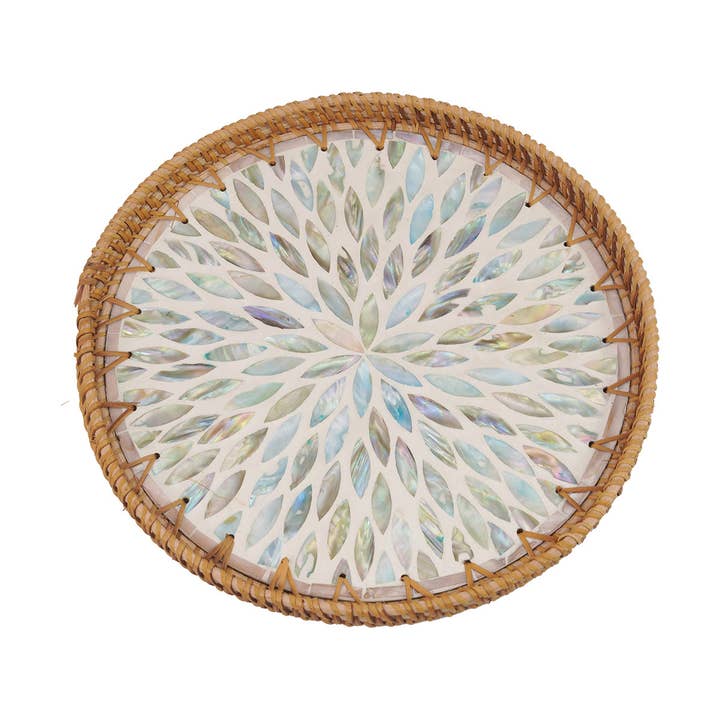 Rund bricka i rotting med snäckskalsinlägg – Iriserande glödexplosion för wholesale av Natural Artisan Home