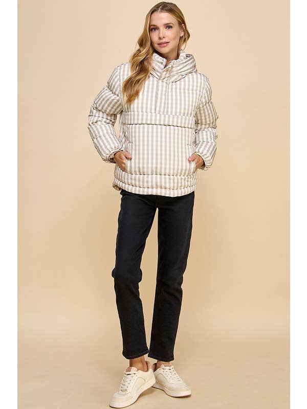 Beige CJ6604-Gingham Pull Over Puffer Jacket for wholesale on Faire