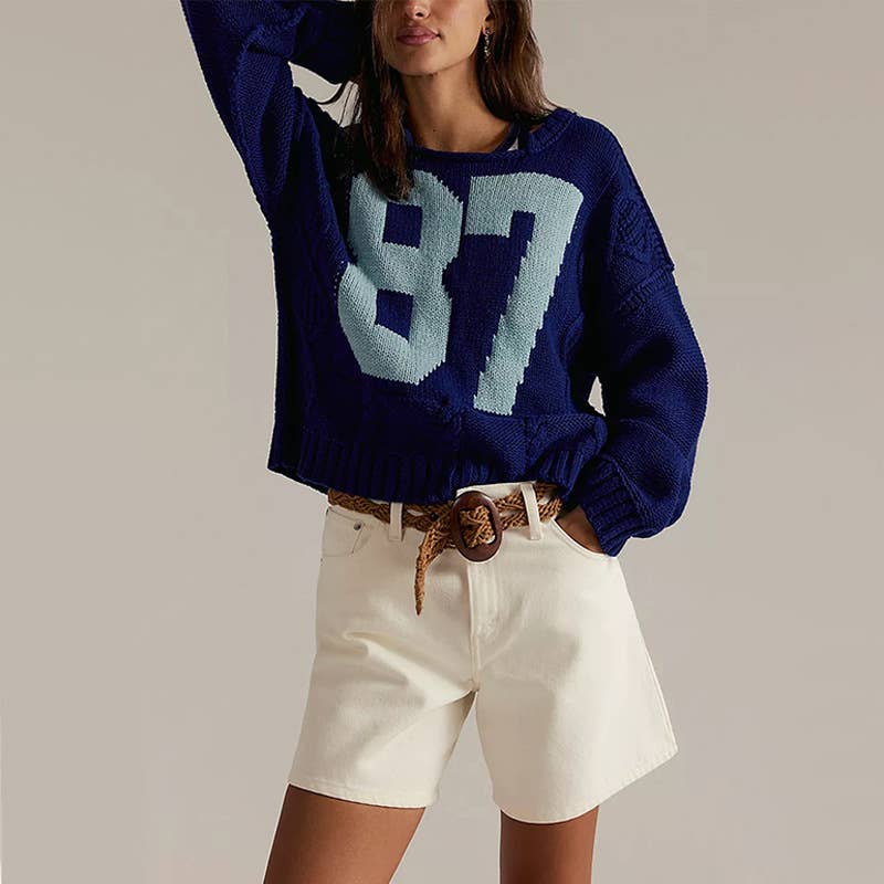 Lovesoft - Wholesale Knit Sweater - Women's - Casual Colorblock Knit Sweater with Number Print11