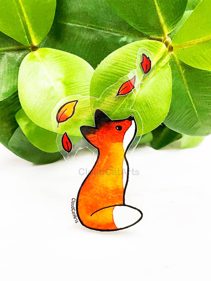 Fox in the Leaves Sticker - Clear - Cute Fall Kawaii Autumn for wholesale by Cloud Cat Arts