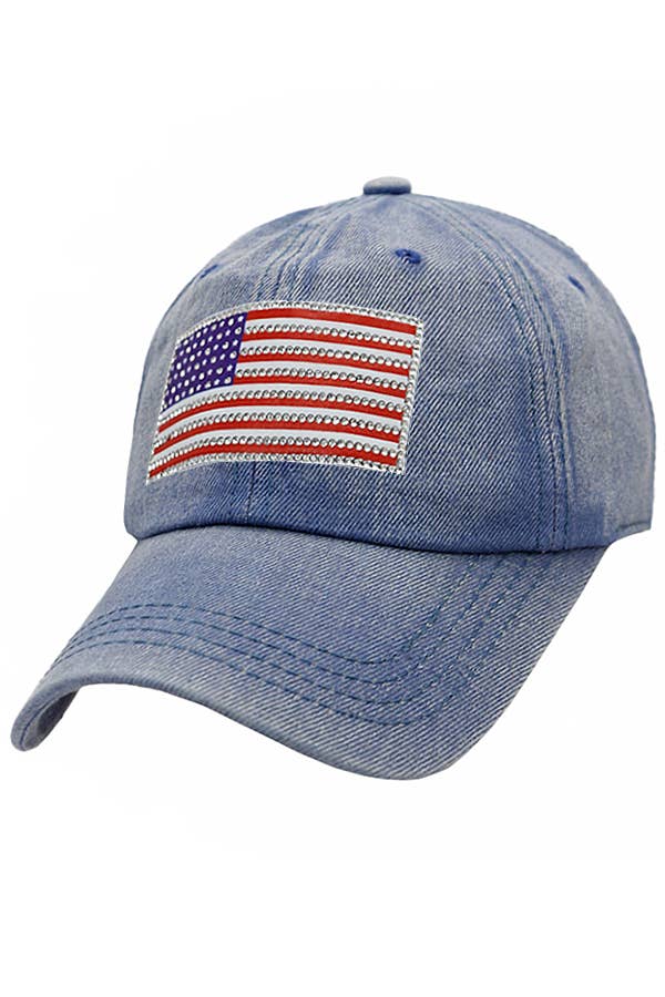 Cap Zone - Wholesale Baseball Cap - Unisex - American Flag Rhinestone Patch Washed Denim Baseball Cap18