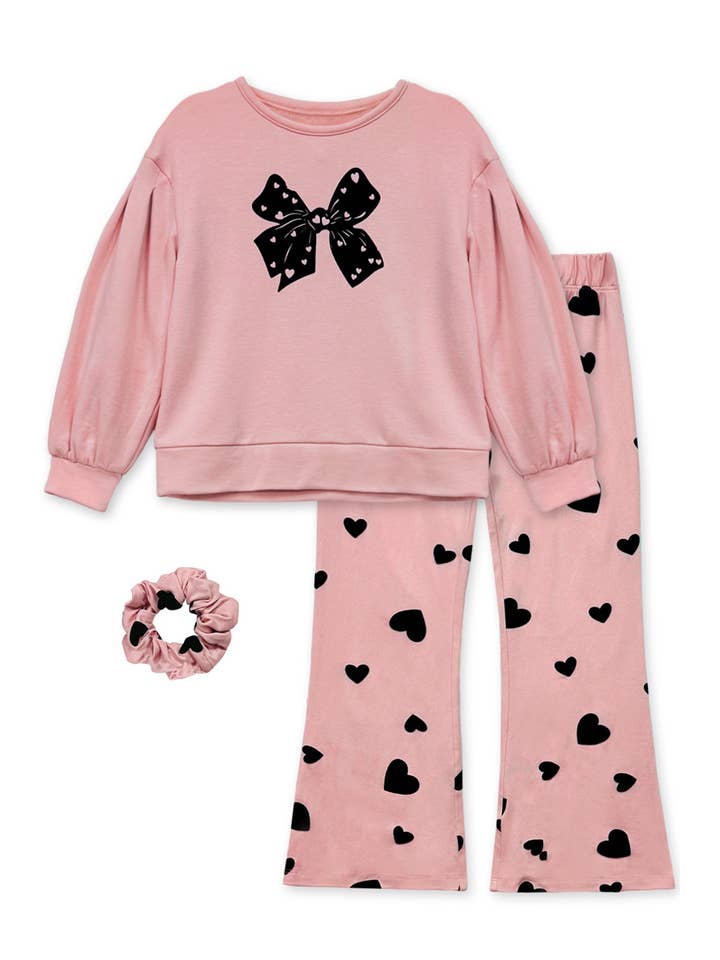 Cutie Patootie Clothing - Wholesale Top & Pant Set - Kids - GKSS-Y24-3409B Girl's 2 pc Heart Flocking Set w/ Scrunchie1