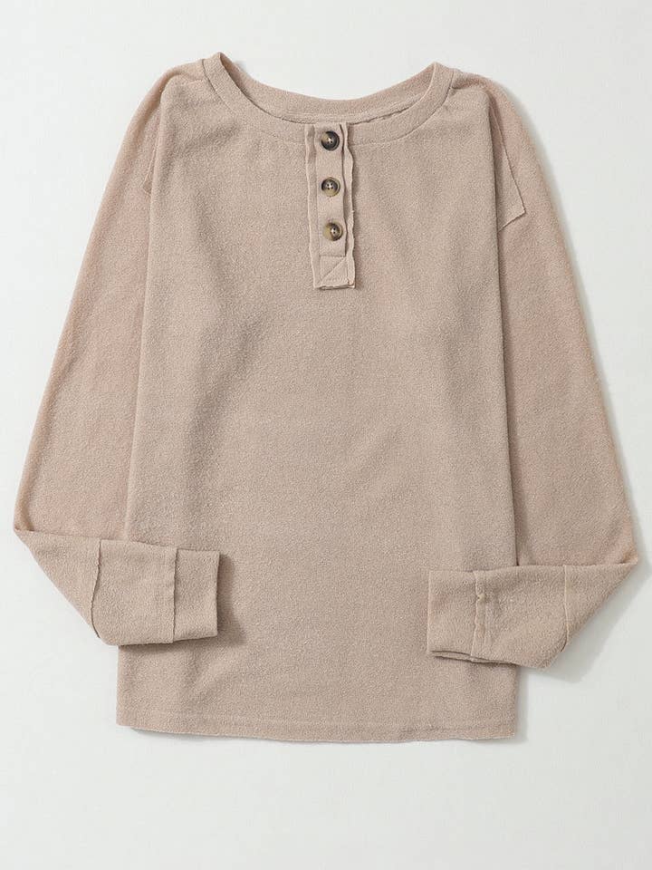Apricot Button Split Neck Retro Patchwork Long Sleeve Top for wholesale on Faire