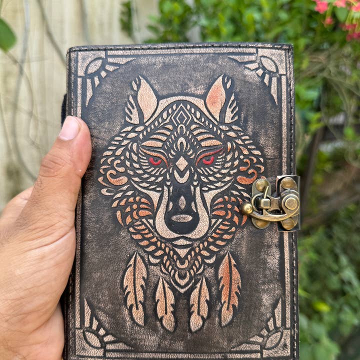 R K Handicrafts and Exporters - Wholesale Journal/Diary - Wolf Embossed Leather Journal diary with 200 Handmade pages