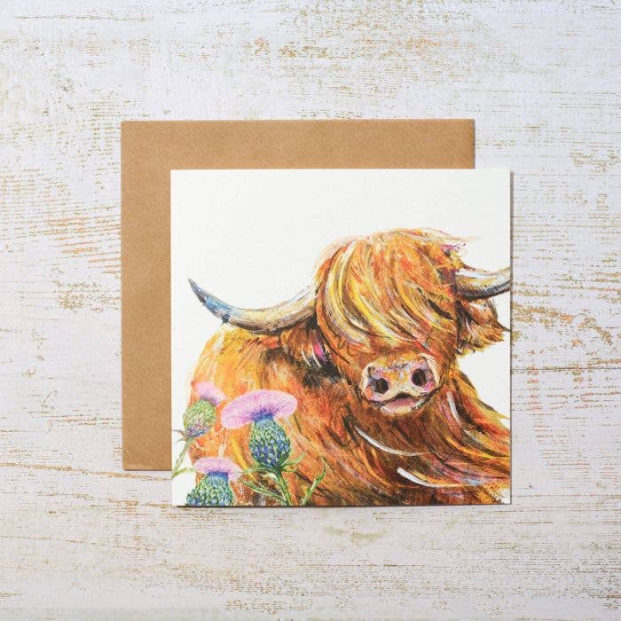 Highland Cow With Thistles Card for wholesale by Langs