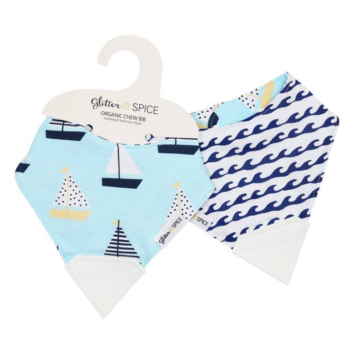 Glitter & Spice - Wholesale Bib - Baby - Double Sided Organic Chew Bib - Sail Away Waves