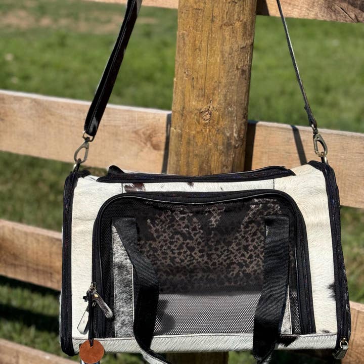 The Sterling Gypsy - Wholesale Pet Carrier - Cat/Dog - Custom Branded with your Pets Name or Farm Brand Black & White Cowhide Pet Carrier, Dog Carrier, Cat Carrier, Small Animal Carrier Pet Taxi