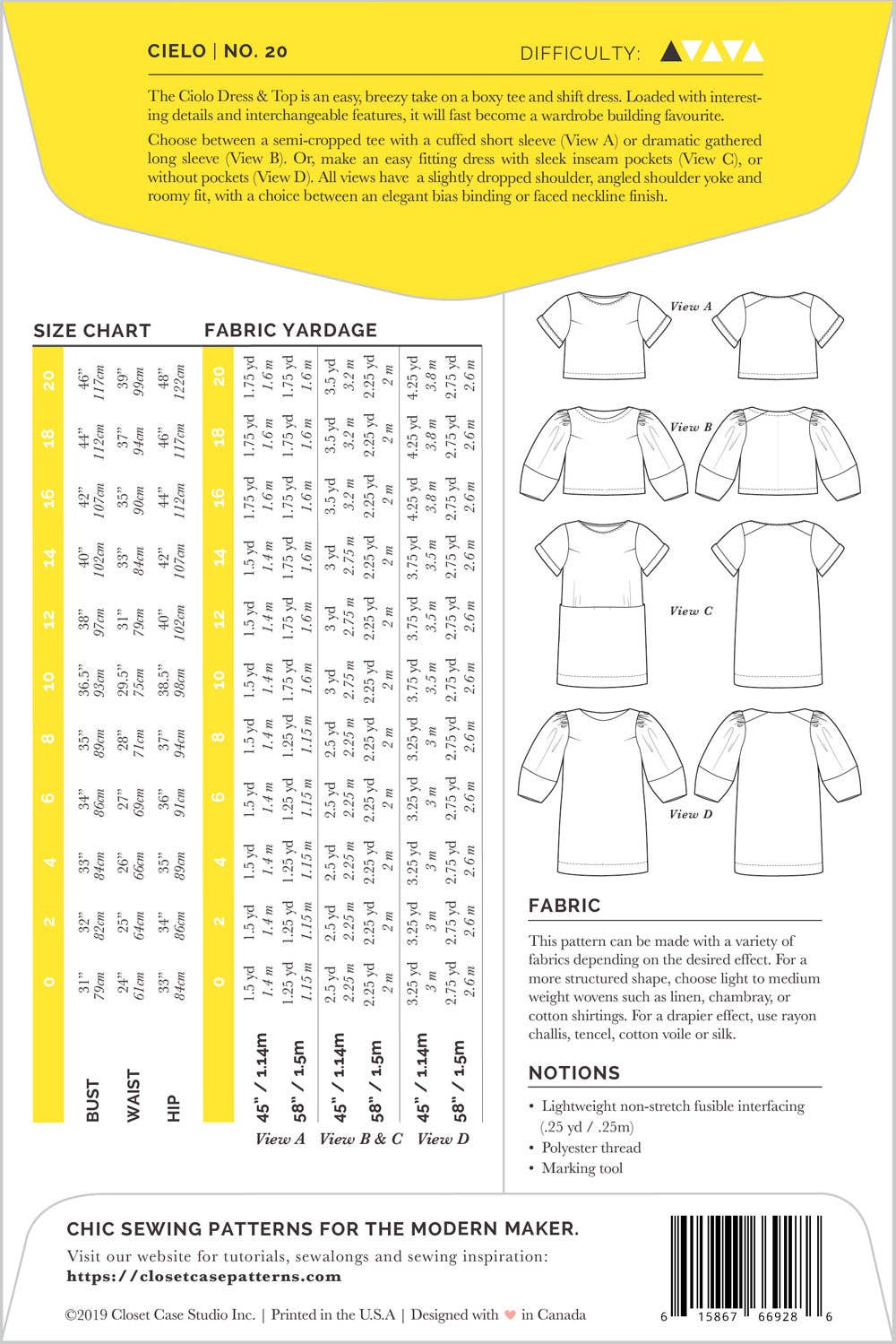 Closet Core Patterns – wholesale Craft sewing kit – Cielo Top + Dress Sewing Pattern 23