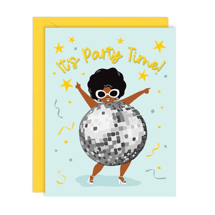 Lucy Loves Paper - Wholesale Birthday card - It's Party Time | 70s Disco Ball Girl Card (A2)