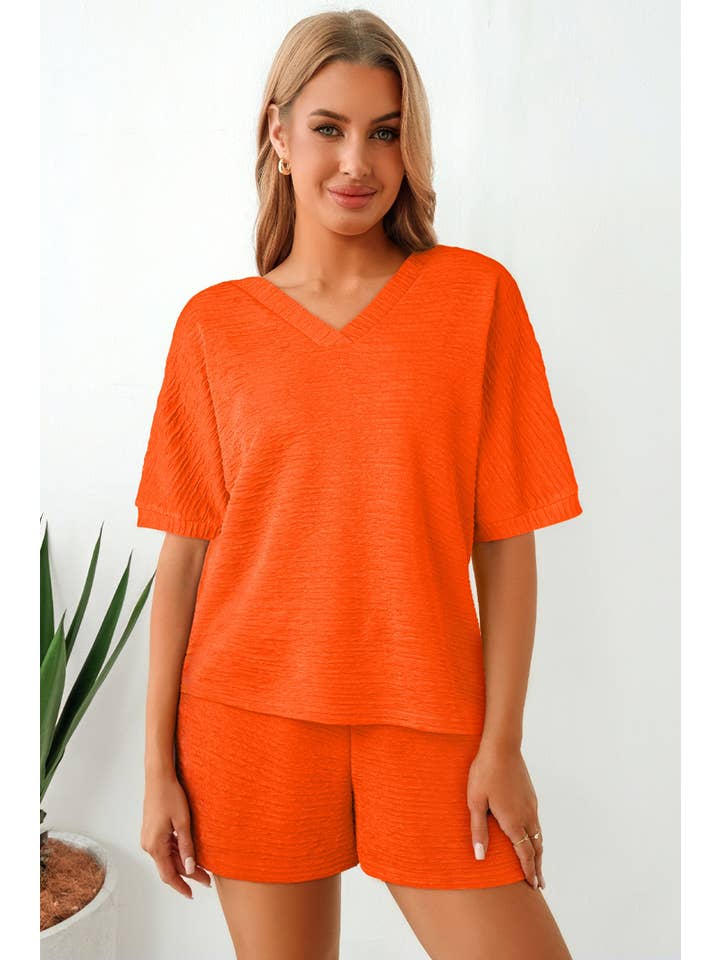 LA Society - Vente Ensemble de vêtements d'intérieur – femme - Ensemble de détente avec t-shirt texturé à col en V et short taille haute