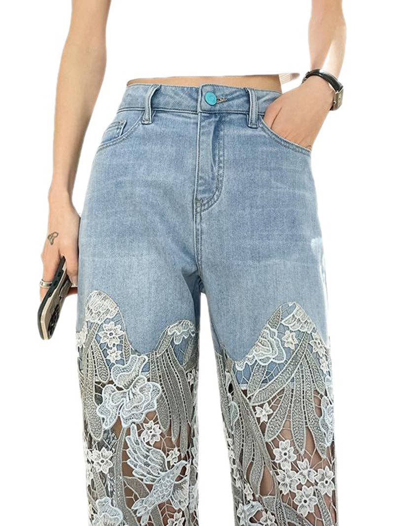 safistyle - Wholesale Jeans - Women's - Lace Denim Wide-Leg Pants4