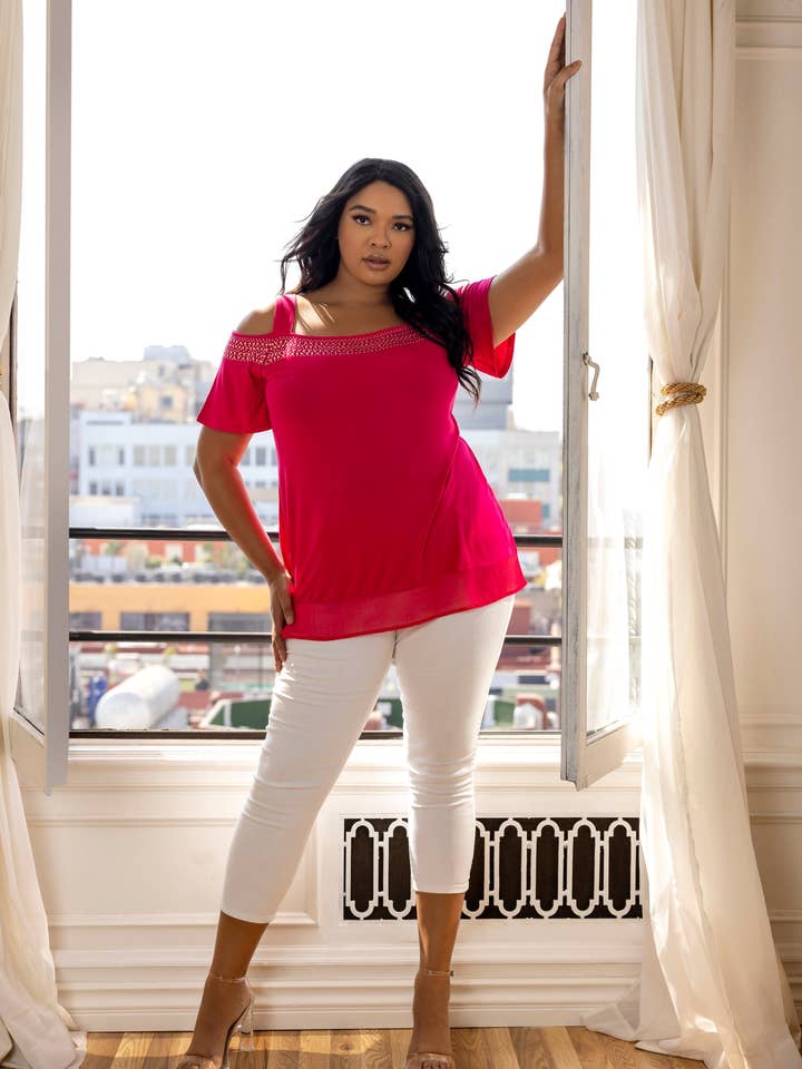 Plus Size Cold Shoulder Tunic with Studs and Sequins for wholesale by Belldini