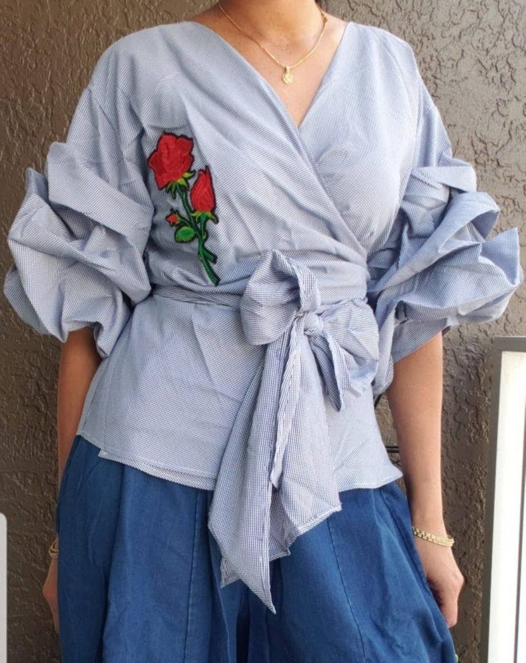 India Batik - Vente Chemisier – femme - BLOUSE CACHE-CŒUR À MANCHES VOLANTÉES 18-8041