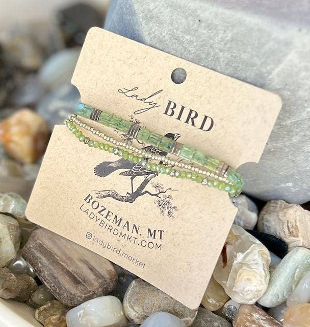 Lady Bird Market - Wholesale Jewelry Set - Mossy Greens & Gold or Silver Stretchy Tila Bead Stacked Bracelet Set1