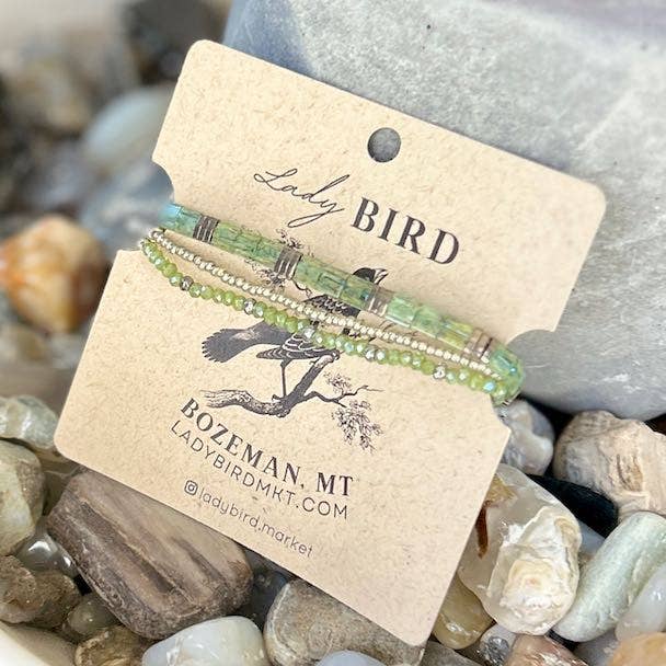 Lady Bird Market - Wholesale Jewelry Set - Mossy Greens & Gold or Silver Stretchy Tila Bead Stacked Bracelet Set1