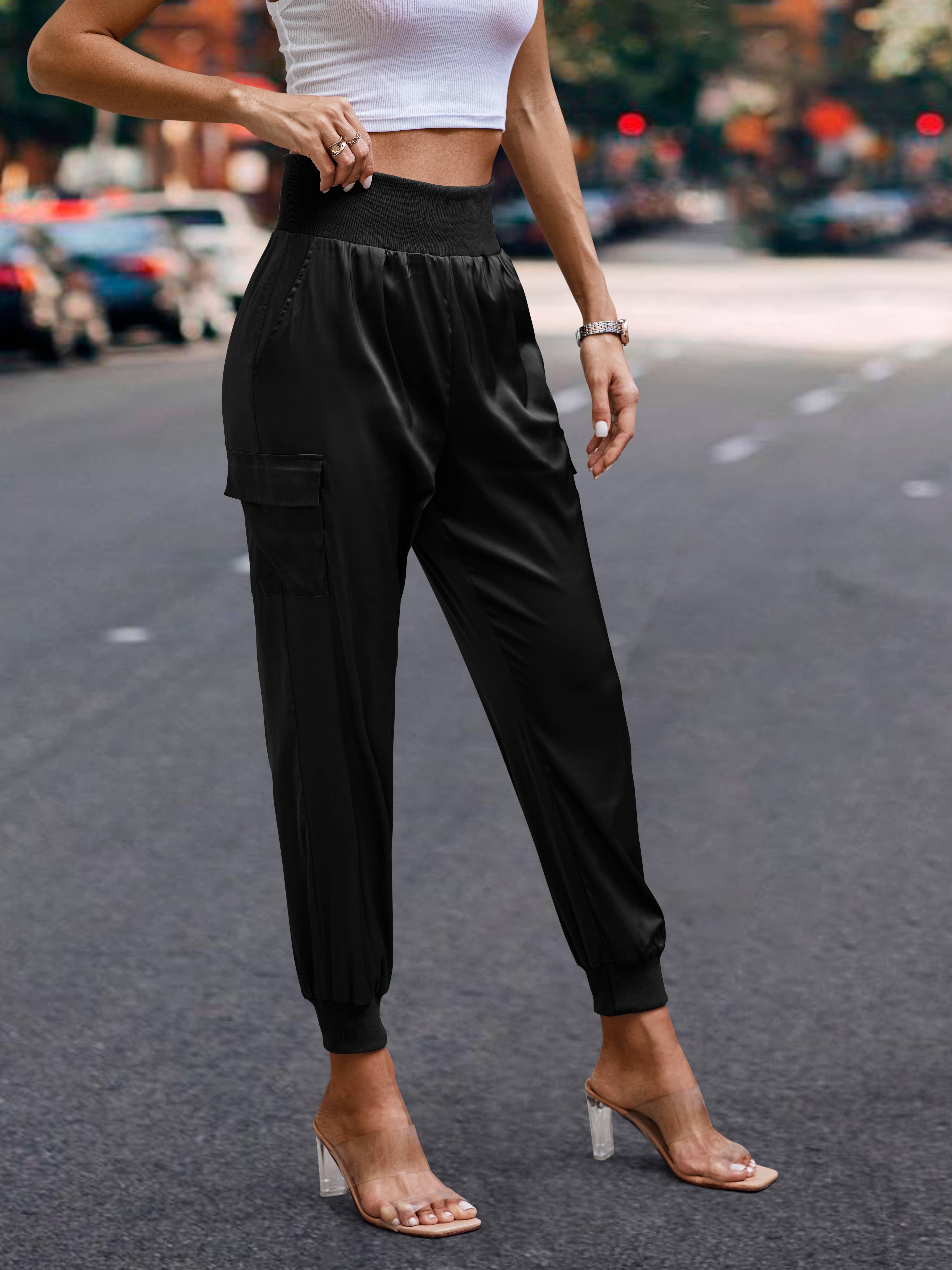 eLook - Wholesale Lounge Sweatpants/Joggers - Women's - SZ1-P0012 Satin Cargo Jogger with Ribbed Waist11