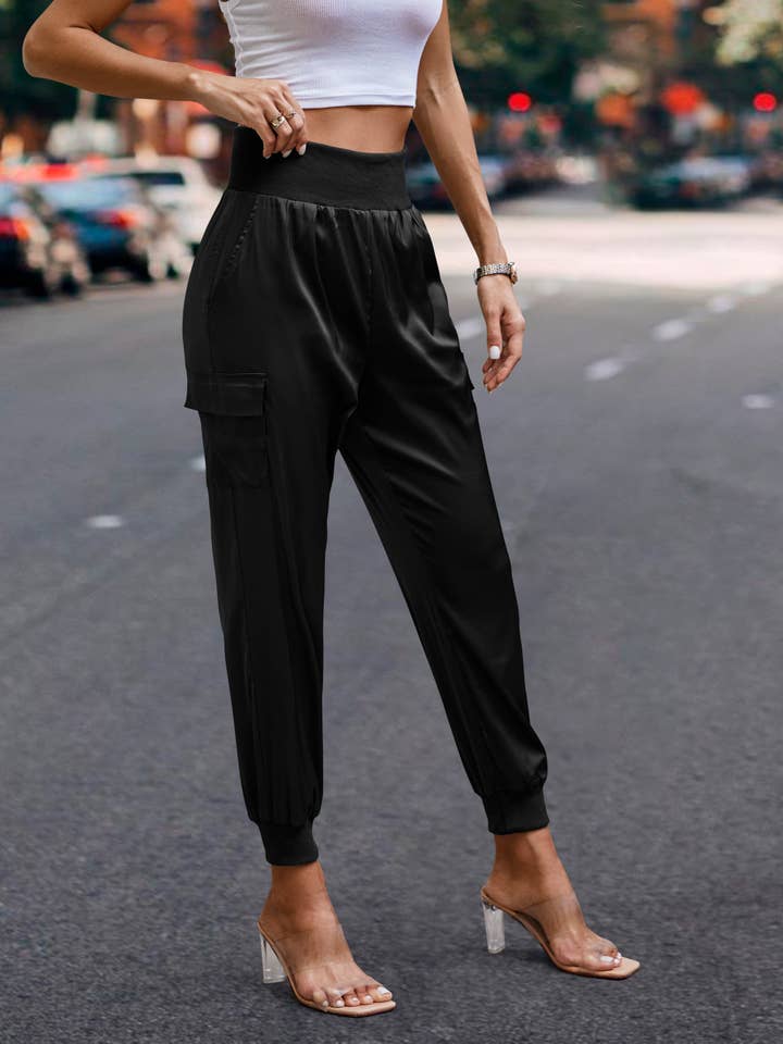 eLook - Wholesale Lounge Sweatpants/Joggers - Women's - SZ1-P0012 Satin Cargo Jogger with Ribbed Waist11