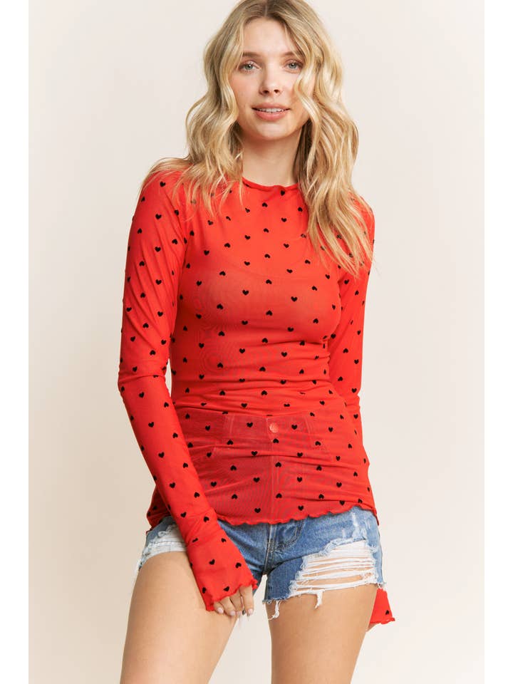 Sweet Generis - Wholesale Knit Top - Women's - PLUS CUTE MESH HEART FLOCKING HIGH NECK DESIGN LONG SLEEVE F16
