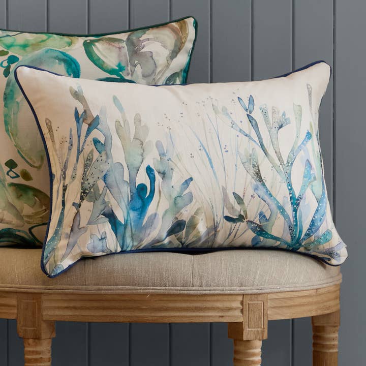 Coral Reef Printed Piped Cushion Cobalt for wholesale by Riva Home
