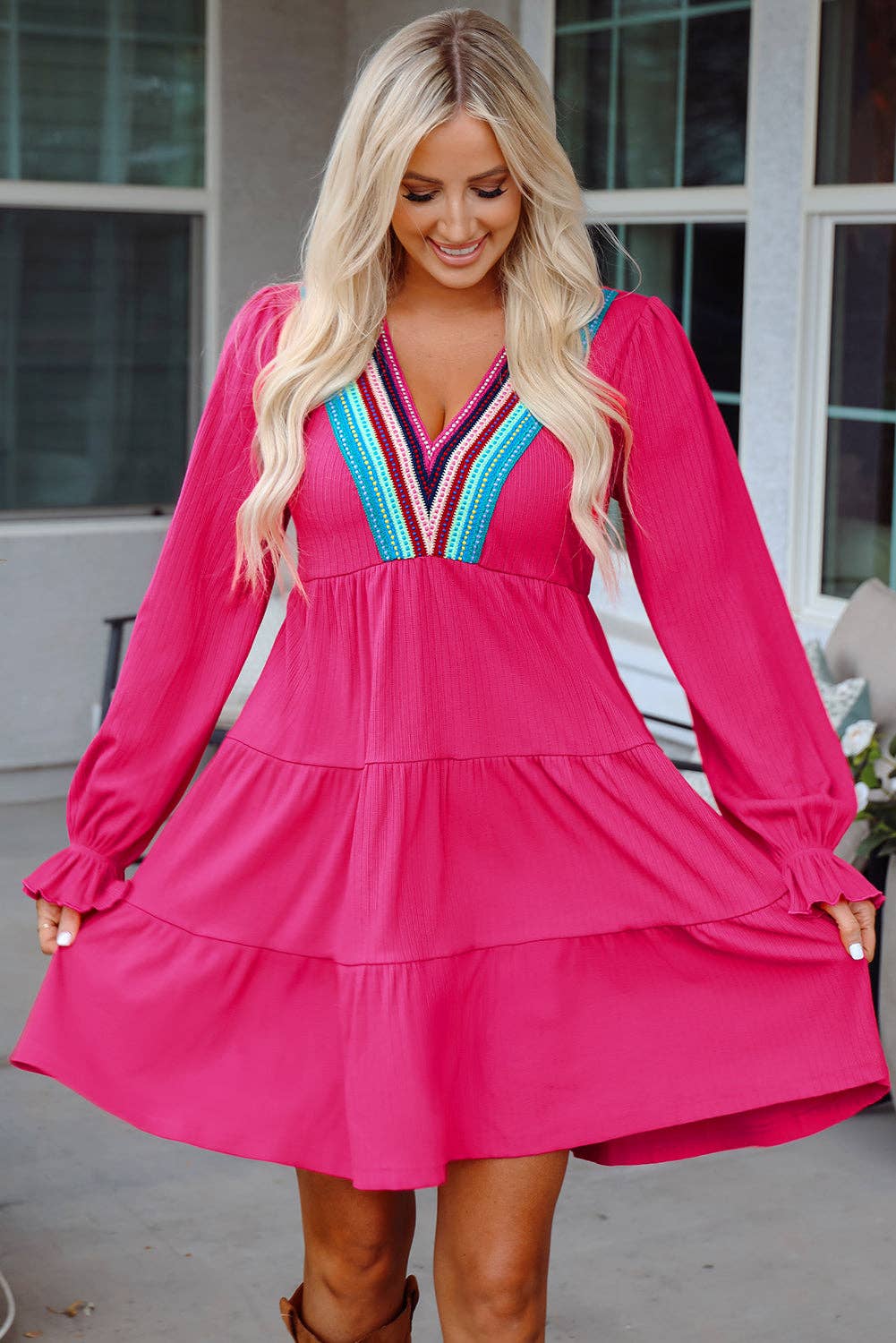 Rose Red Lyra Crochet V Neck Long Sleeve Mini Dress for wholesale on Faire3