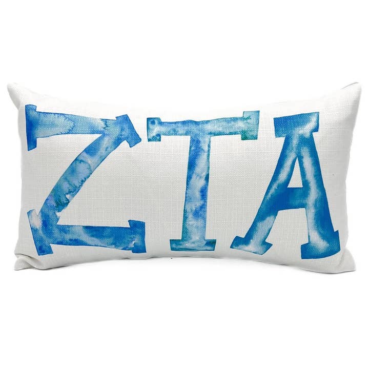 Zeta Tau Alpha ZTA Watercolor Greek Letters Sorority Pillow for wholesale by Rachel Brooks Design, LLC
