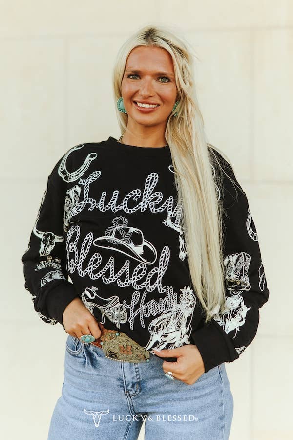 LUCKY & BLESSED - Wholesale Sweatshirt - Women's - Black Lucky & Blessed Western Sweatshirt0